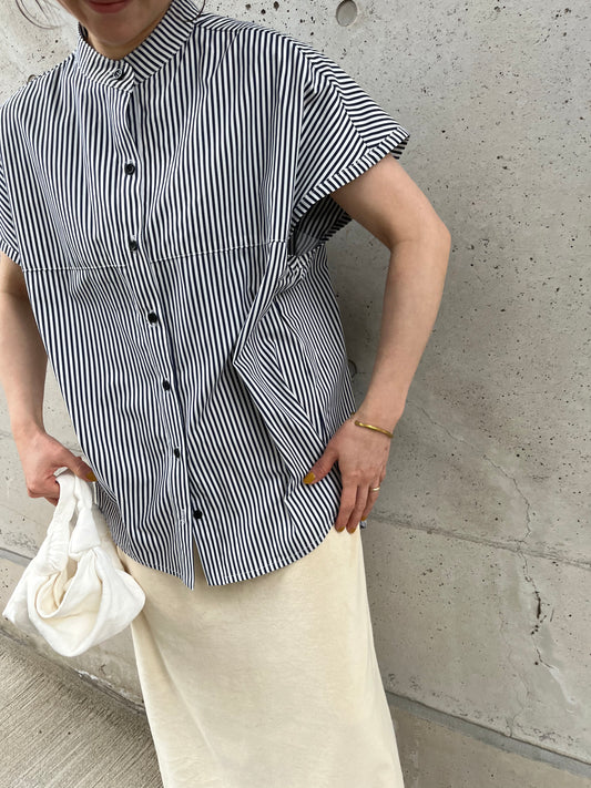 cotton nocollar stripe shirts　