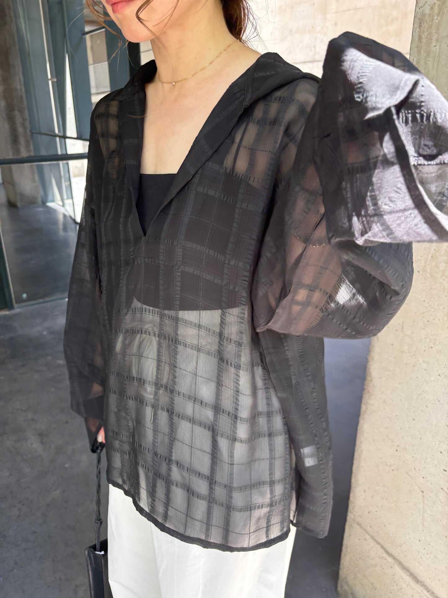 sheer check hoodie shirt